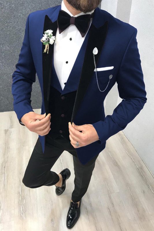 Three Piece Black and Blue Peak Lapel Wedding Suit Tuxedo with Vest