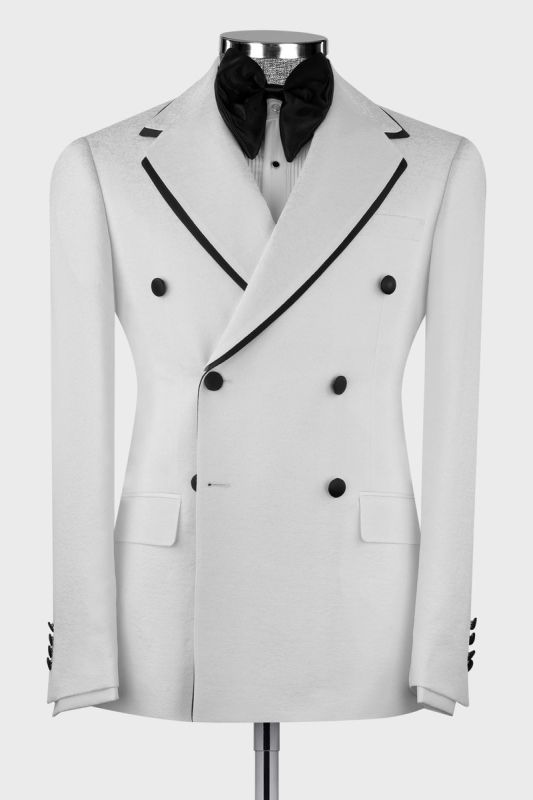 Men’s White Double-Breasted Peak Lapel Jacquard Tuxedo Suit with Black Piping for Wedding & Prom