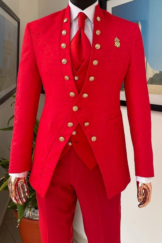 Fashion Red Shawl Lapel Three-piece Prom Mens Suits