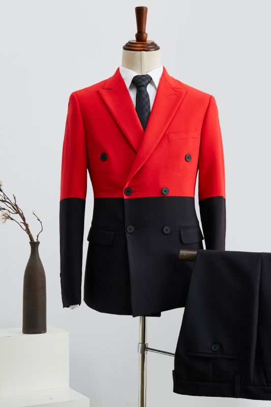 Bruno's Unique Black And Red Point Lapel Double Breasted Prom Suit