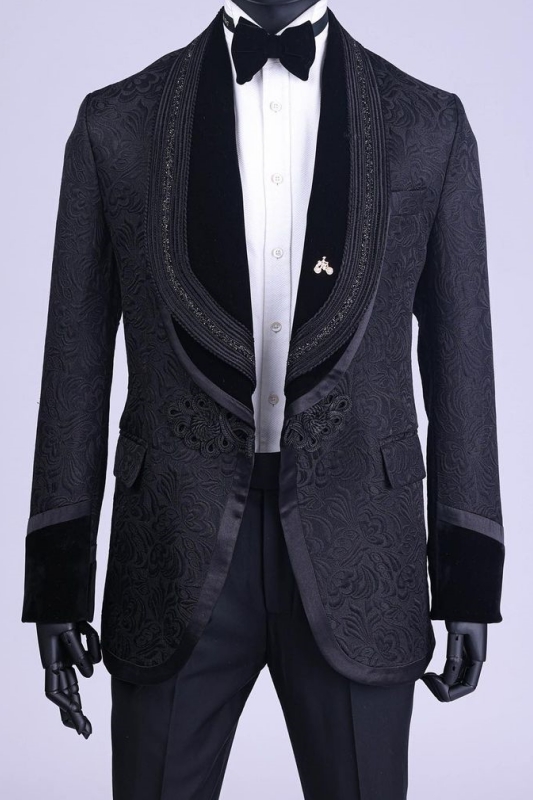 Black Jacquard Shawl Lapel Two Pieces Wedding Suits