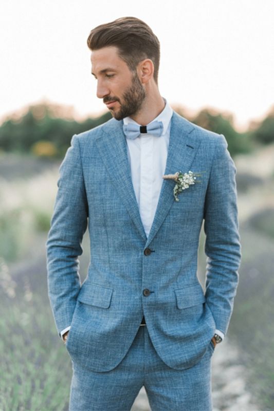 Ocean Blue Linen Summer Beach Groom Wedding Suit | Casual Men Blazer Tuxedo