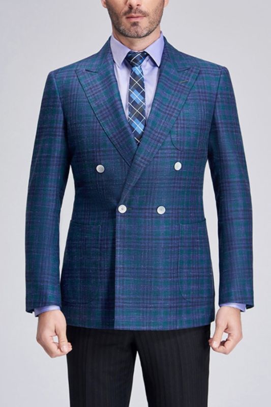 Formal Peak Lapel Check Double Breasted Blue Mens Business Blazer