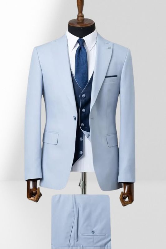 Sky Blue Single Breasted Groom Three Piece Wedding Suit With Dark Blue Vest