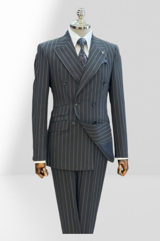 James Formal Dark Gray Striped Pointed Collar Two Piece Business Suit