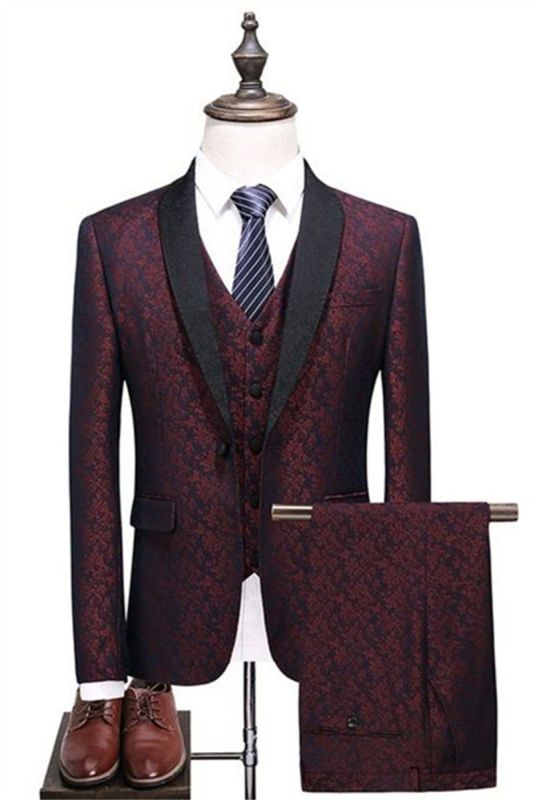 Fashion Mens Suit Burgundy Check Design Prom Suit | Three Piece One Button Formal Tuxedo