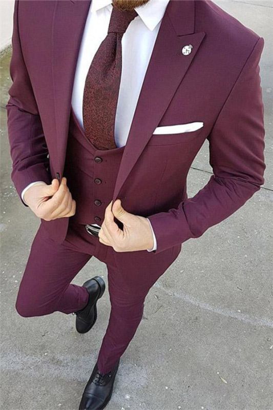 Purple Slim Fit three Pieces Tuxedo | Tailored Peak Lapel for Men/Groom/Wedding Dress Suit