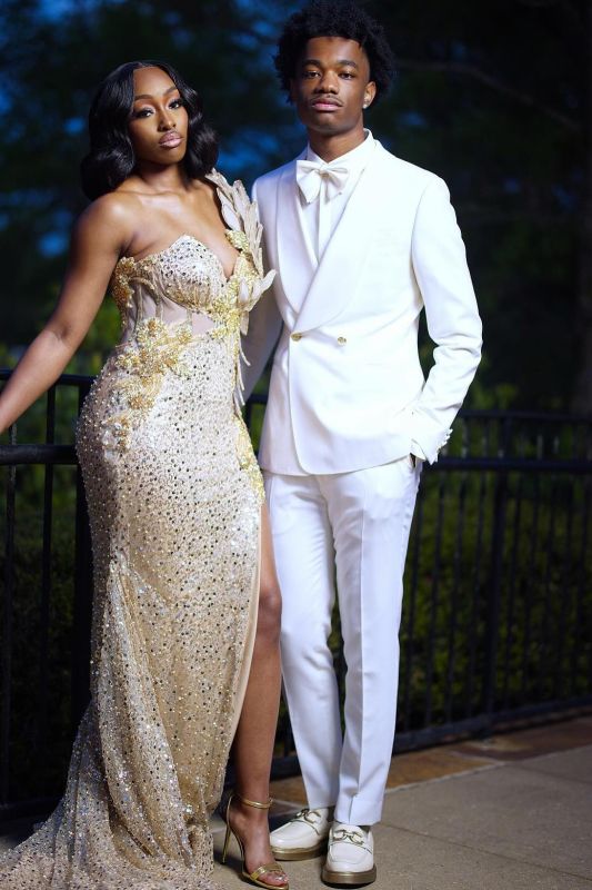 Men White Satin Lapel Tuxedo Suit with White Bow Tie Custom Prom Wedding Formal Suit Set