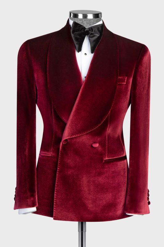 Fashion Slim Fit Burgundy Velvet Double Breasted Men's Two Piece Prom Suit
