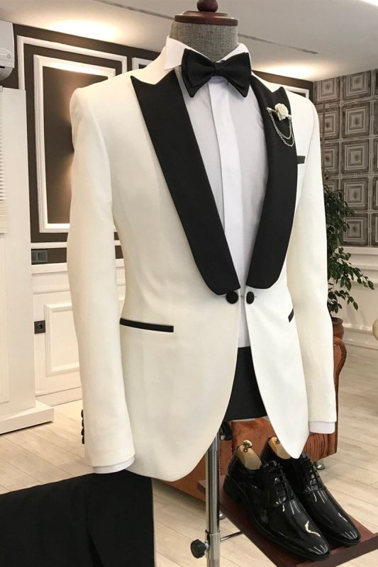 Jason Simple White Mixed Black Pointed Lapel One Button Slim Fit Prom Men Suit