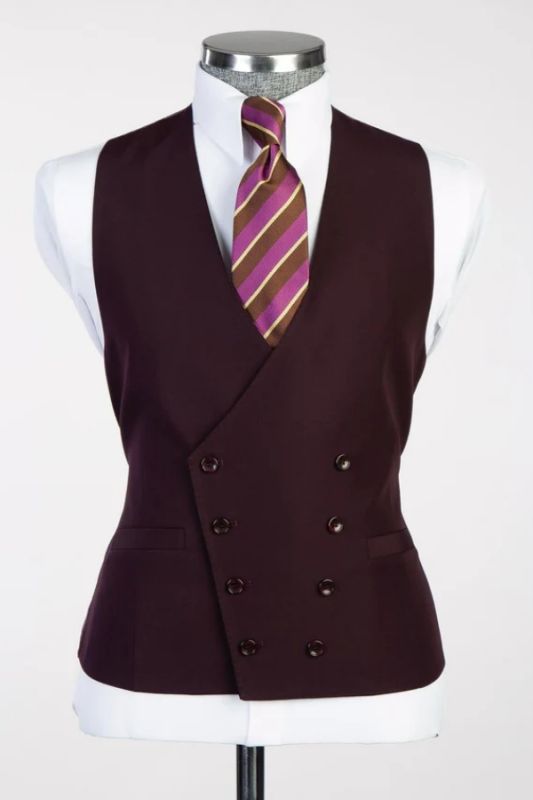 Fancy Burgundy No Lapel Double Breasted Vest