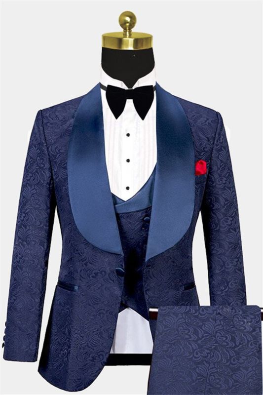 Navy Three Piece Tuxedo Online | Jacquard Custom Men Suits