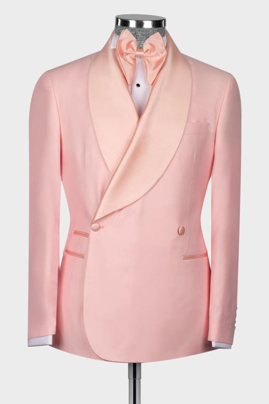 Pink Double Breasted Shawl Lapel Stylish Mens Two Piece Suit