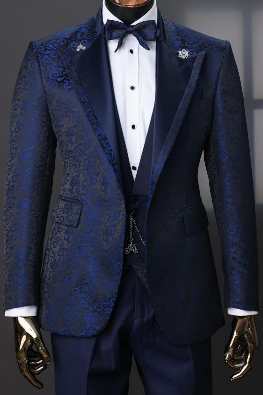Luxury Navy Blue 3D Floral Jacquard 3-Piece Men's Tuxedo Suit with Bow Tie