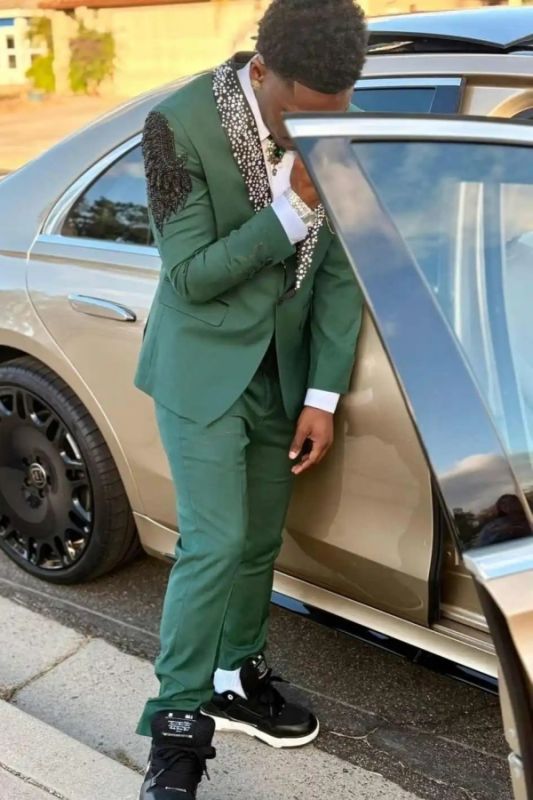Green Rhinestone Wing Lapel Men Suit Luxury Sparkly Party Suit Set