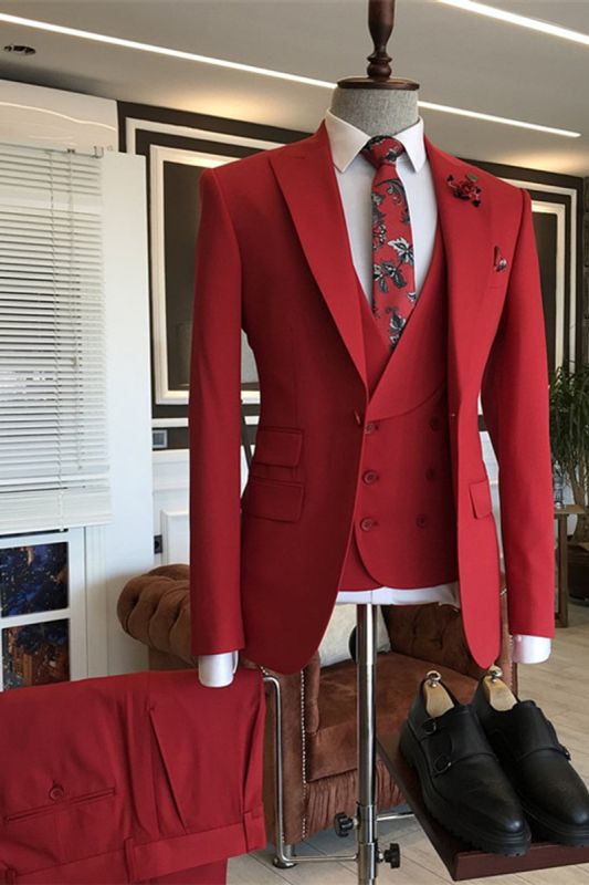 Gilberto Red Custom Three Piece Point Lapel Prom Mens Suit