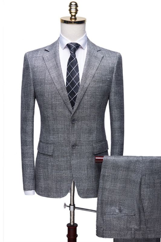 Dorian Simple Grey Notched Lapel Plaid Two Piece Formal Business Men Suit