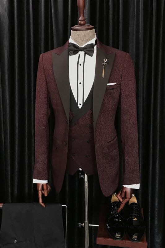 Barry Modern Burgundy Third Piece Jacquard Lapel Men Wedding Suit