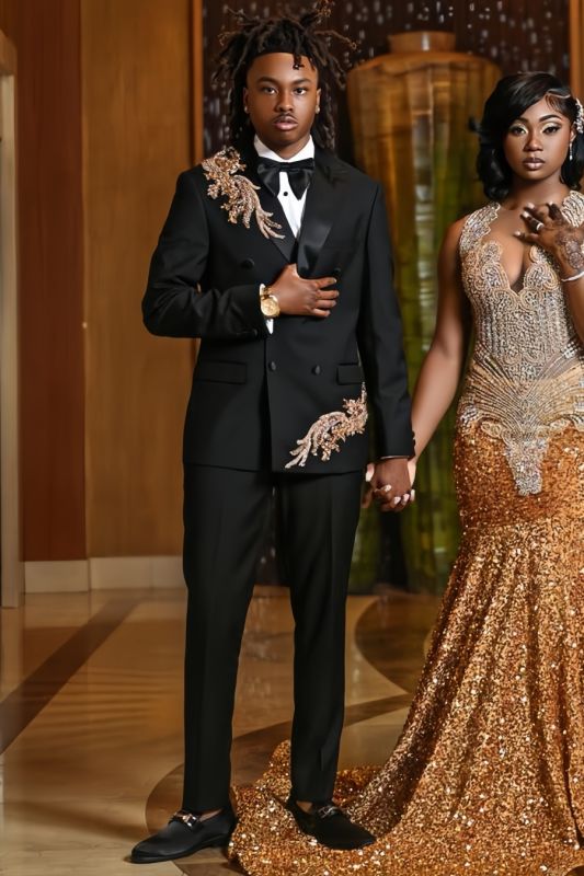 Herman Black Peaked Lapel Beaded Double-Breasted Prom Suit | Bradymensuit