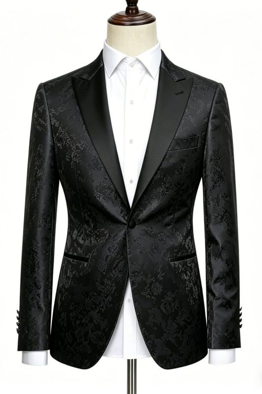 Black Jacquard Peak Lapel Tuxedo Jacket Slim Fit Men Formal Blazer Coat