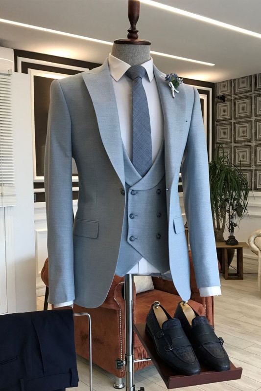 Piaget Fashion Blue 3 Piece Point Lapel One Button Slim Fit Prom Mens Suit
