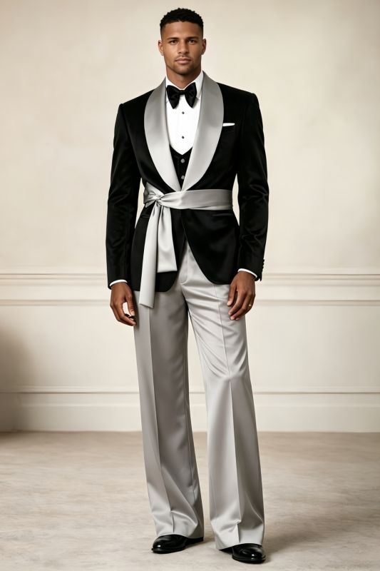 Norman Elegant Black Velvet Three Pieces Prom Suits With Satin Pants