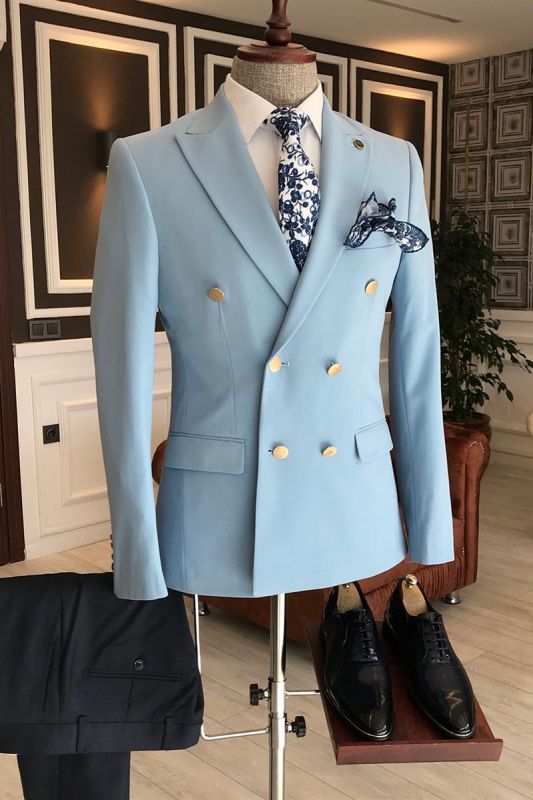 Leo Fashion Sky Blue Double Breasted Mens Formal Business Tailored Suit