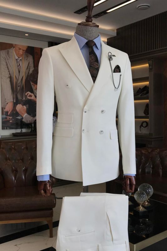 White Double Breasted Lapel Collar Mens Business Suit | Mens Two Piece Suit