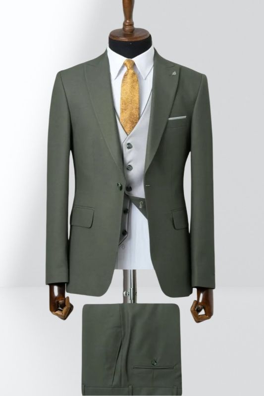 Green Single Breasted Groom Three Piece Wedding Suit With White Vest