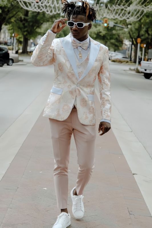 Greg Bespoke Apricot Slim Jacquard Peaked Lapel Three Pieces Prom Suits