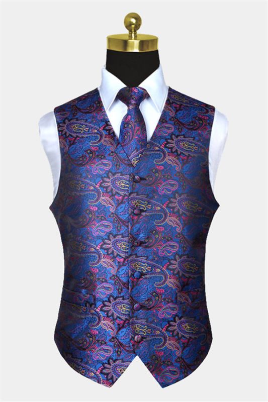 New Arrival Blue And Pink Paisley Men Vest Set