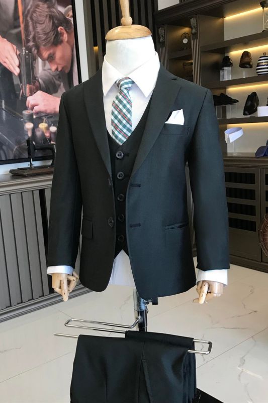 Black Slim Fit Lapel Jacket Trousers Children Suit | Boys Single Breasted Three Piece Suit