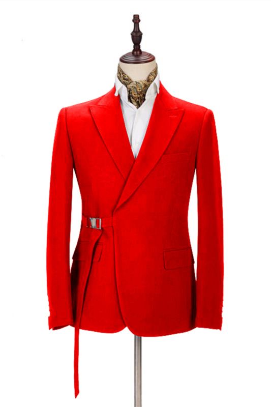 Passionate Bright Red Mens Formal Suit Online | Peak Lapel Buckle Button Casual Suit for Men