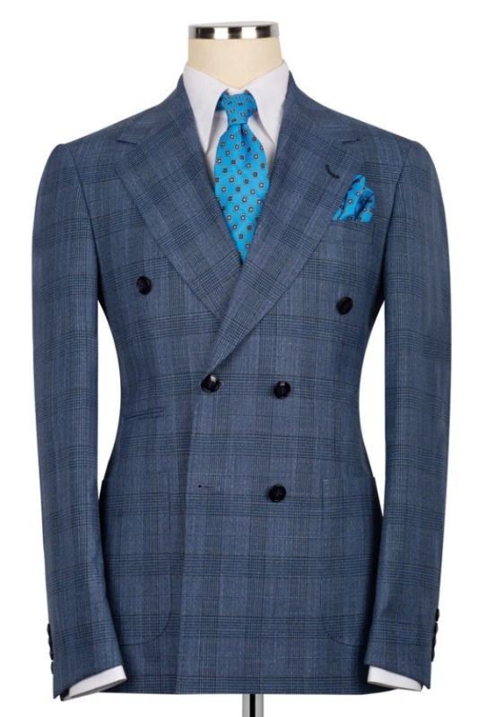 Formal Slate Blue Plaid Notched Lapel Double Breasted Two Pieces Business Suits