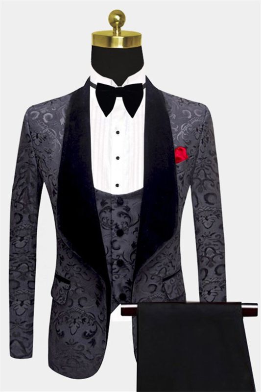 Three Piece Black Jacquard Men Suits |  Unique Prom Dinner Suits