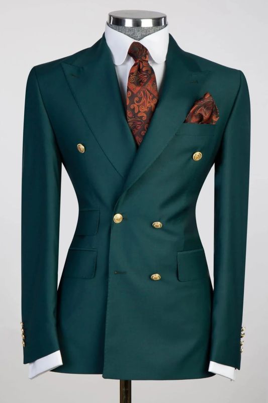 Dark Green Mens Double-Breasted Business Formal Two-Piece Suit | Flap Pockets