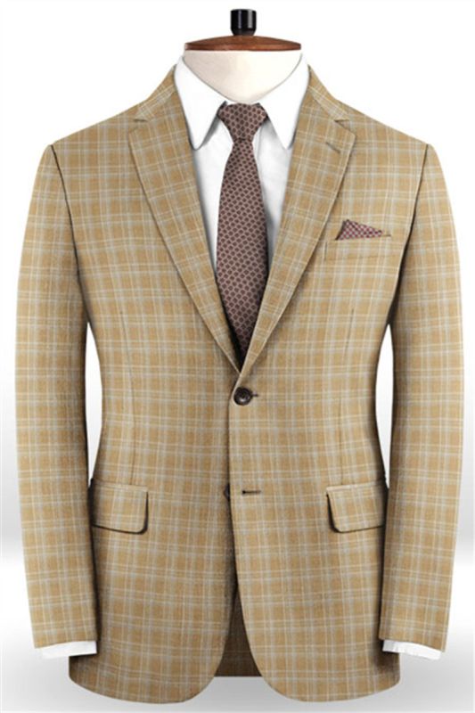 Khaki Plaid Two Piece Mens Suit | Customize Slim Tuxedos Online at