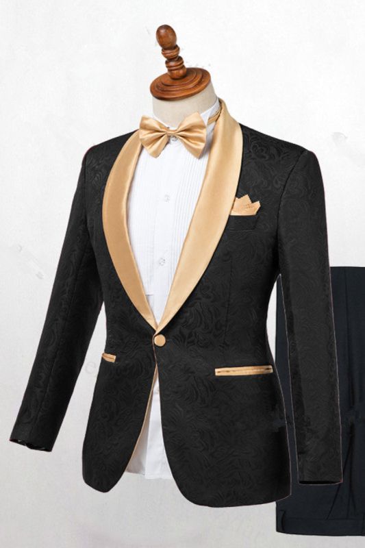 Josiah Handsome Black One Button Wedding Mens Gold Lapel Suit
