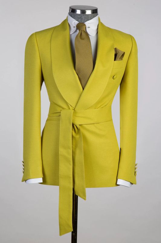 Autumn Leaf Yellow Double Breasted Slim Shawl Collar Men  Two Piece Tuxedo | With Belt
