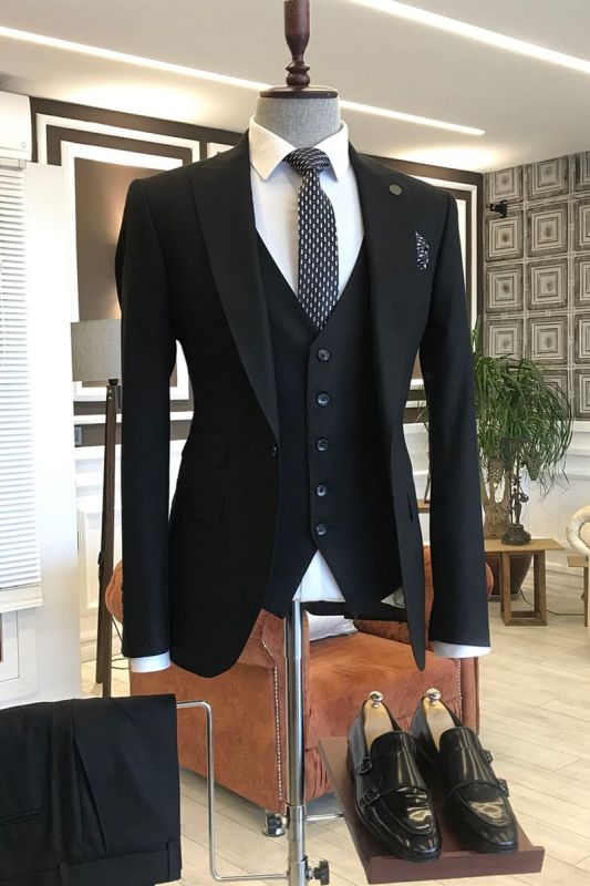 Men's 2 Button Black Regular Basic Cut Flat Front Pants Three Piece Suit