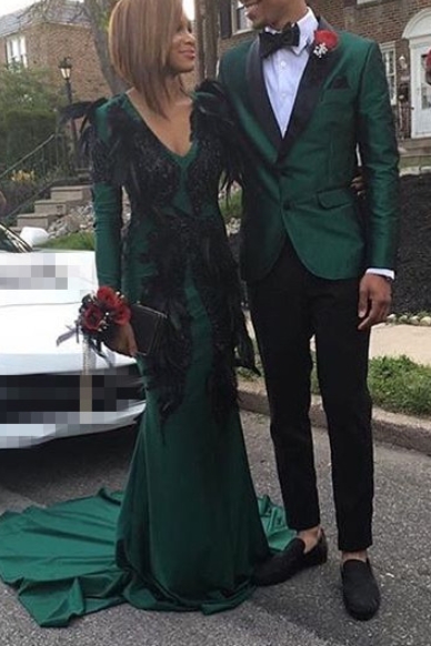 Dark Green Mens Suits for Prom | 2 Piece Black Satin Lapel Wedding Tuxedo