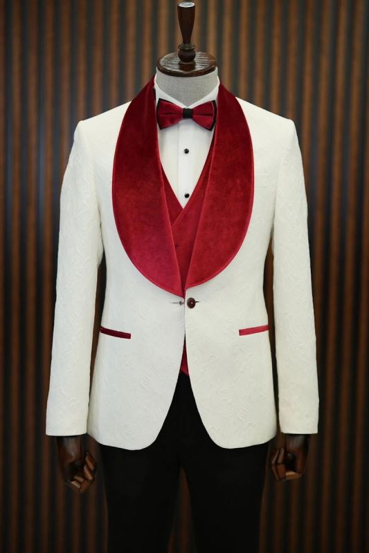 Brady Red Velvet Shawl Lapel Jacquard Mens Slim Three Piece Tuxedo Suit