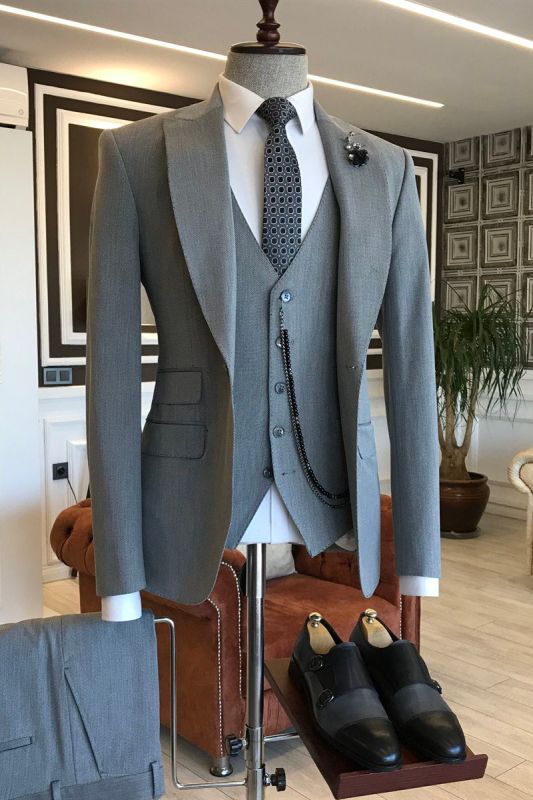 Hunter Handsome Grey Pointed Lapel Custom Mens Business Suit