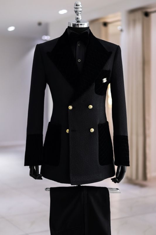 Men Black Textured Double Breasted Tuxedo Velvet Grid Lapel Gold Button Custom Formal Suit Set With Pants