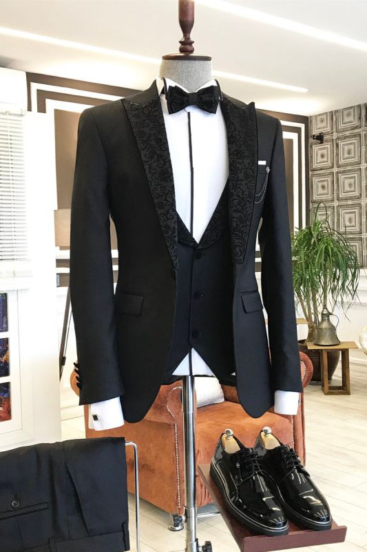 Gavin Fashion Black Three Piece Peak Jacquard Lapel Mens Business Suit