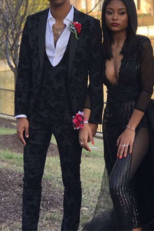 Attractive Black Jacquard Three Piece Slim Fit Prom Mens Suit
