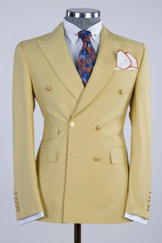 Trendy Champagne Double Breasted Prom Suit with Pointed Lapels