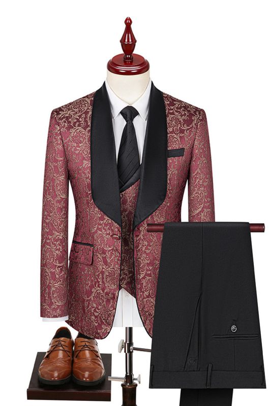 Red Shawl Bollar Men Jacquard Three Piece Suit | Men Wedding Suits