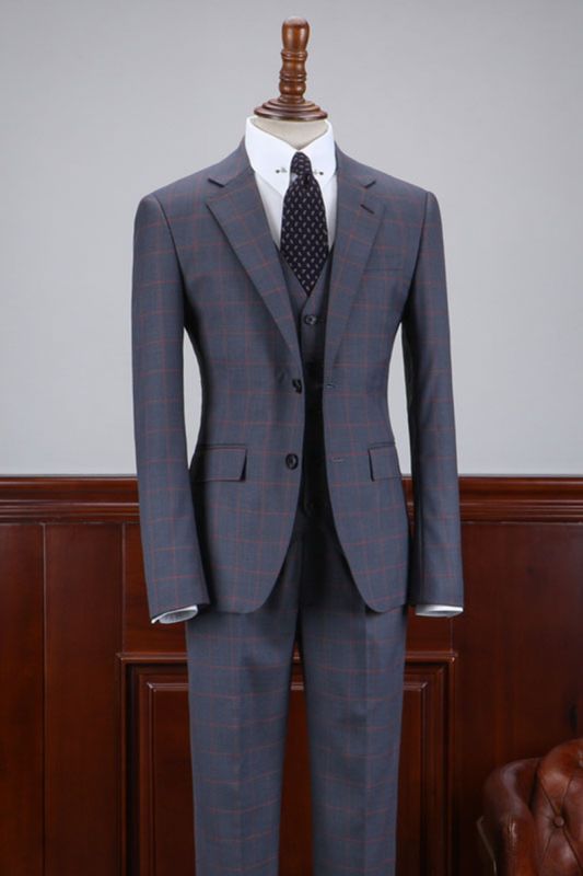 Abraham Stylish Dark Grey Plaid Notched Lapel 2 Button Business Suit