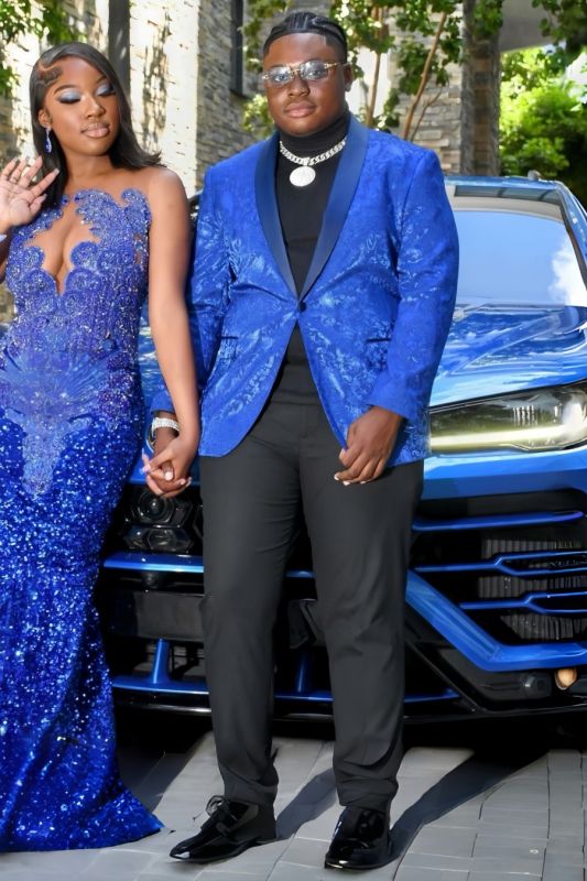 Handsome Blue Jacquard One Button Two Pieces Prom Suits With Satin Lapel